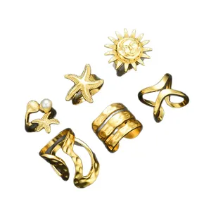 6-teiliges goldenes Boho-Ring-Set für Damen mit Seestern, Sonne und Perlenanhängern