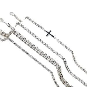 Set di bracciali in argento con croce zircone e catene cubane per moda hip hop