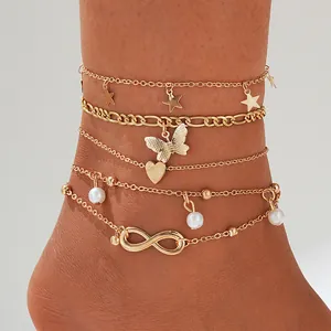 Bohemian Legierung Künstliche Perlenimitat Fußkettchen Set Für Damen Mehrlagig Schmetterling Stern Herz Unendlichkeit Anhänger Strand Schmuck