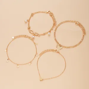 4-teiliges goldenes Fußkettchen-Set mit Perlen, Seestern, Schmetterling und Unendlichkeit