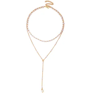 Elegant gold double layer Y-necklace with imitation pearls and tassel drop pendant