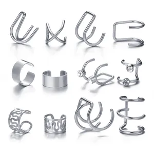 12-piece silver ear cuff set featuring leaf and layered designs for non-pierced ears