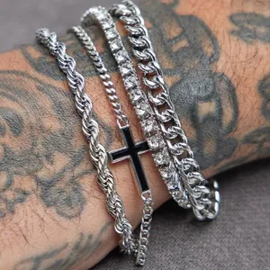 Silver stainless steel multi-layered bracelet set with cross pendant and cuban links