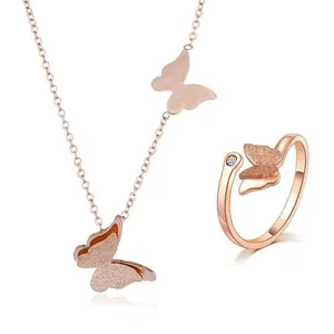 Elegant rose gold butterfly necklace and adjustable ring set with matte wings and zircon