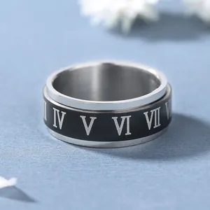 Anello girevole minimalista in acciaio al titanio con numeri romani da donna