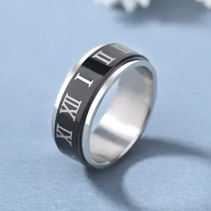Anello girevole in acciaio al titanio oro rosa con numeri romani e smalto nero