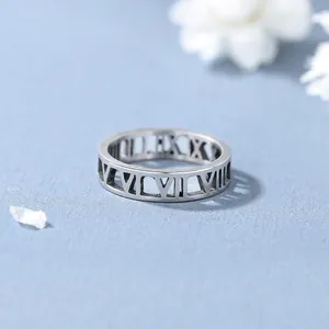 Anello minimalista in acciaio con numeri romani traforati su sfondo azzurro