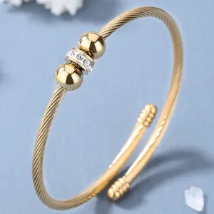 Bracelet Jonc Ouvert en Acier Inoxydable Corde Torsadée Couleur Or Argent Strass Incrusté Perles pour Hommes Femmes