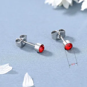 Boucles d'oreilles minimalistes en acier inoxydable avec cristal rouge, 0,3 cm