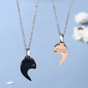 Collier Pendentif Cœur Puzzle Couple Acier Inoxydable Titane Zircone Gravé SHOULD BE FOREVER Cadeau Bijoux pour Amoureux