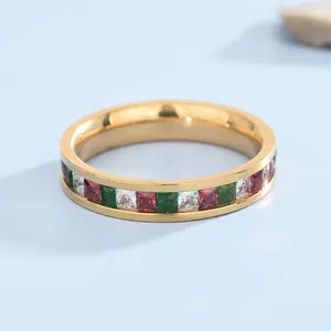 Mode Plaqué Or Bague Arc-en-ciel Acier Inoxydable Zircone Colorée Carrée Incrustée Anneau Empilable Bijoux pour Femmes