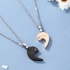 Colliers pour couples en acier inoxydable avec pendentifs cœur noir et or rose et zircon
