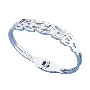 Bracelet minimaliste en acier inoxydable argenté avec feuilles et oxydes de zirconium
