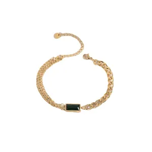 Elegant gold titanium steel chain bracelet with rectangular green emerald stone charm