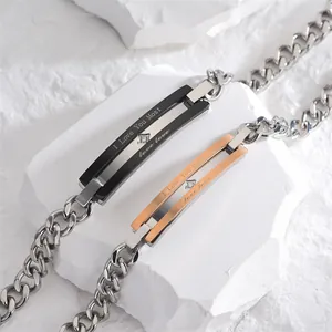 Titanium Steel Couple Bracelet Zircon Inlaid Geometric Minimalist Curb Chain Bracelet For Men Women I Love You Most Lettering