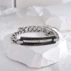 Polished titanium steel couple bracelet with I Love You Most engraving and zircon stone
