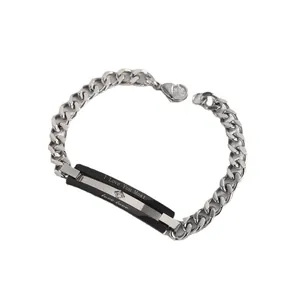 Polished stainless steel Cuban couple bracelet with I Love You Most engraved zircon plate