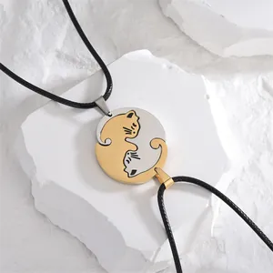 Minimalist Titanium Steel Cat Splicing Pendant Necklace For Couples Gold Silver Plated Yin Yang Kitten Necklace Jewelry Gift