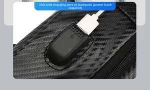 Detail of side-mounted USB charging port on a carbon fiber texture crossbody bag
