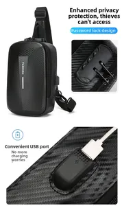 Vue détaillée du verrou antivol à combinaison et du port USB sur le sac de poitrine en carbone