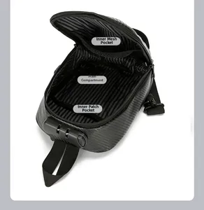 Detail of the organized interior compartments and security combination lock on the shoulder bag