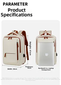 Detailed view of the 41cm travel backpack showing its dimensions and 15-inch laptop fit