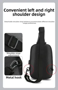 Detail of adjustable strap and hooks for versatile left or right shoulder bag carrying