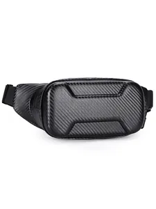Detail of hard shell carbon fiber texture on men's waterproof motorcycle chest bag
