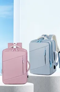 Detail of travel backpack with USB charging port and sturdy side handle for business trip