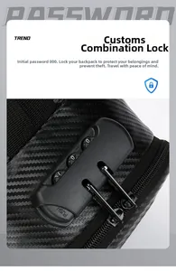 Detail of TSA lock on carbon fiber texture crossbody bag with metal zippers