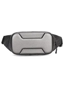 Close-up of durable hard shell chest bag with premium carbon fiber texture for bikers