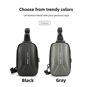 Detail view of carbon fiber texture hardshell sling bag with anti-theft lock and USB port