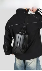 Men's hard shell crossbody bag featuring anti-theft lock and USB port shown on model