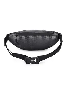 Detail of hard shell biker bag with carbon fiber texture and adjustable plastic buckle