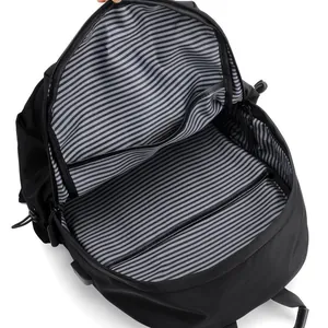 Large capacity black backpack with striped lining and multiple interior compartments