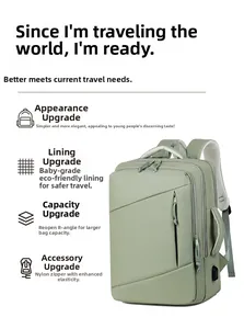 Detail view of expandable travel backpack with USB charging port and waterproof fabric