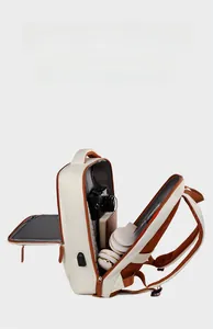 Detail view of large travel backpack with laptop compartment and USB charging port