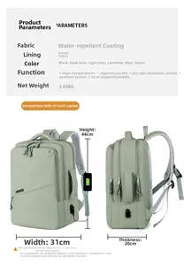 Detail of waterproof fabric backpack showing USB port and wet-dry separation pocket