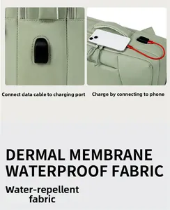 Detail of travel backpack with integrated USB charging port and water-resistant fabric