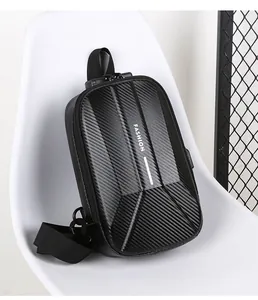 Detail of hard shell sling bag with carbon fiber texture and anti-theft combination lock