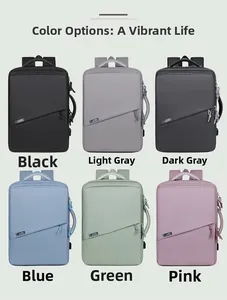 Detail view of large capacity travel backpacks in six colors with USB port and wet pockets