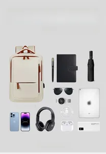 Detail view of large travel backpack showing side USB charging port and spacious compartment