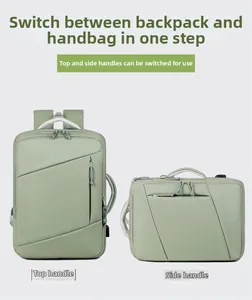 Dual-mode green travel backpack showing top and side handle switching and USB port