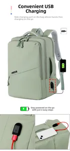 Detail showing the external USB charging port and integrated cable on a green laptop backpack