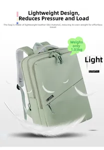 Detailed view of lightweight mint green laptop backpack weighing 1.03kg with feather accents