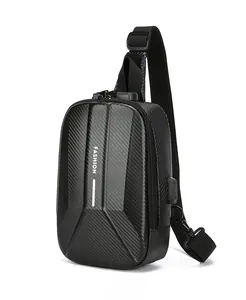 Detail of hard shell crossbody bag with USB port, anti-theft lock and carbon fiber texture