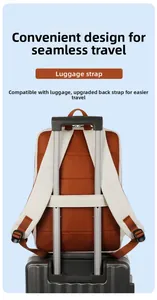Travel backpack back detail showing breathable mesh and luggage strap for suitcases