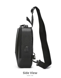 Side view of men's black crossbody bag featuring hard shell texture and USB charging port