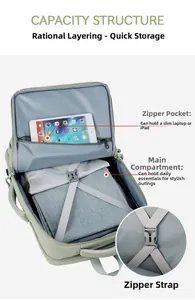 Detail view of large capacity backpack interior with iPad pocket and X-strap for luggage