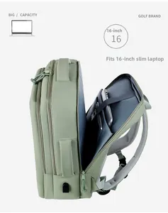 Detail of 16-inch laptop compartment and USB charging port on green travel backpack